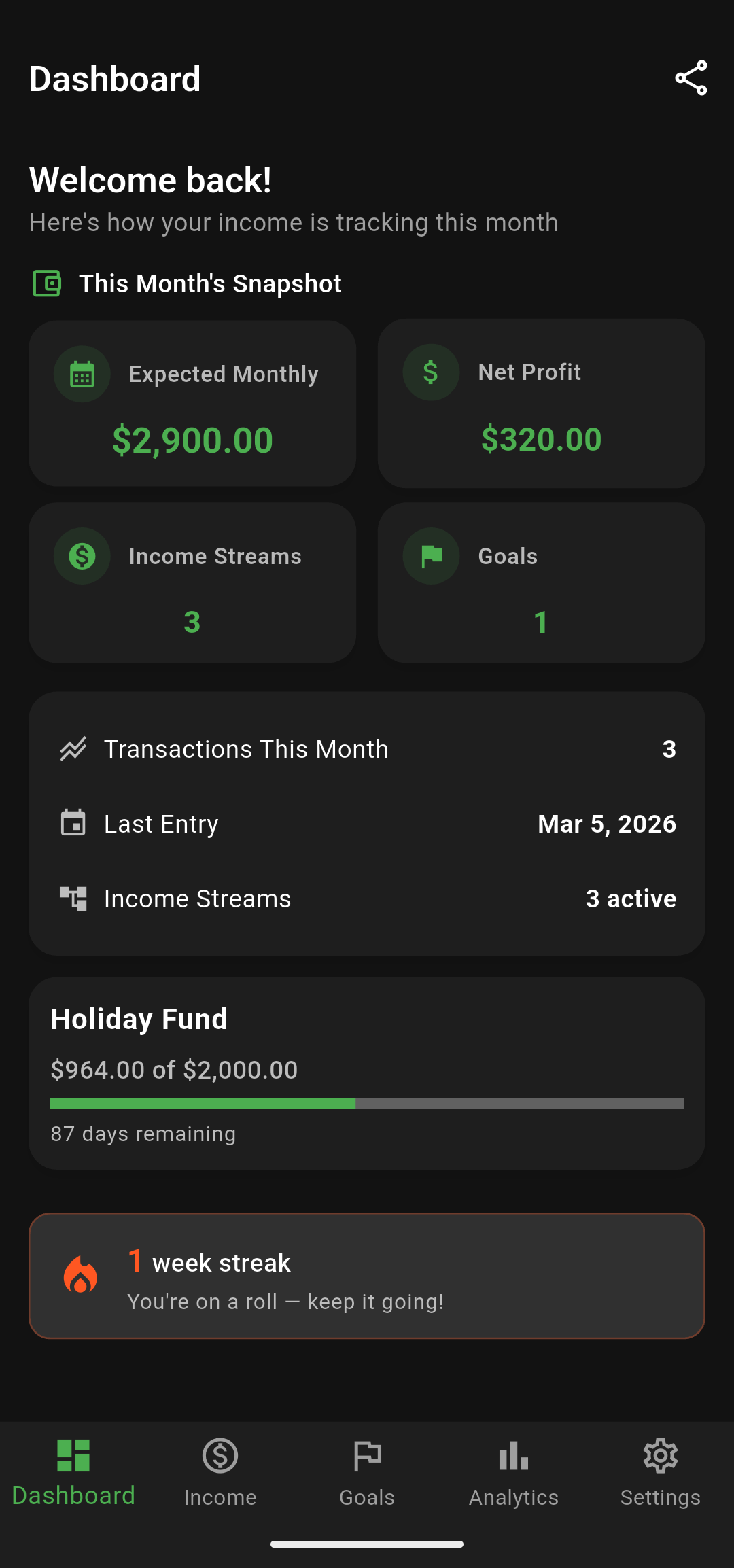 SideStream dashboard